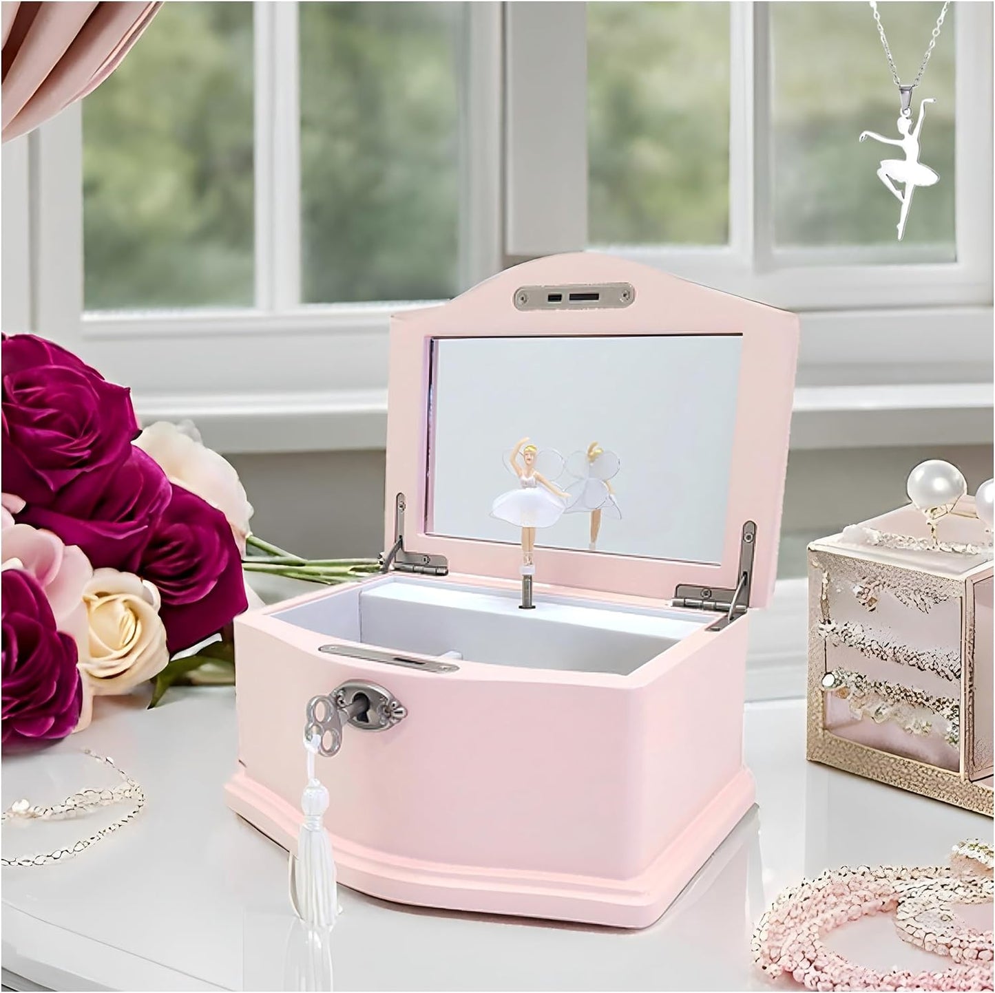 Joyero musical con bailarina y espejo para niñas rosa