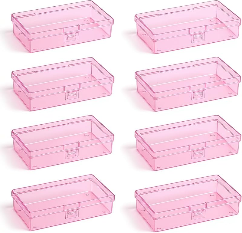 8 Contenedores Plástico Rosa 5.3x3.1x1.2pulg con Tapas Bisagras