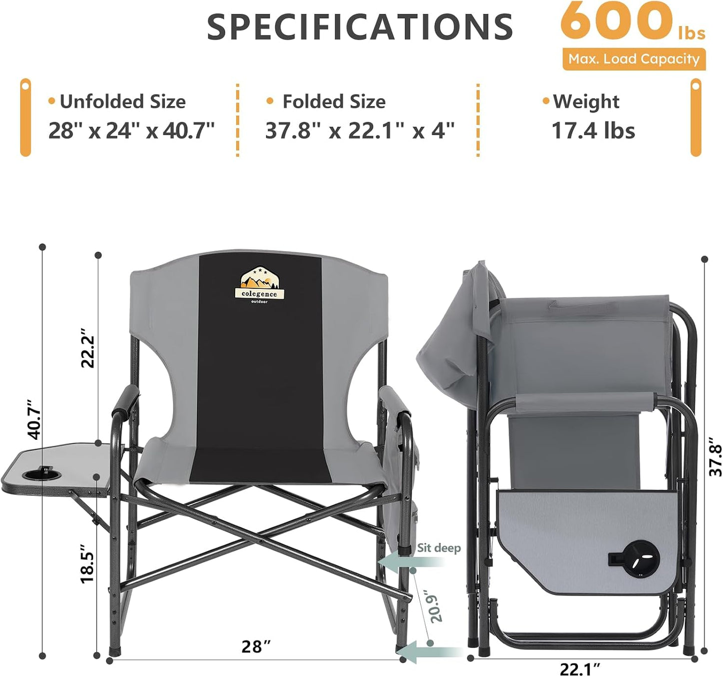 Set 2 sillas director camping 600lbs plegables con bolsillo