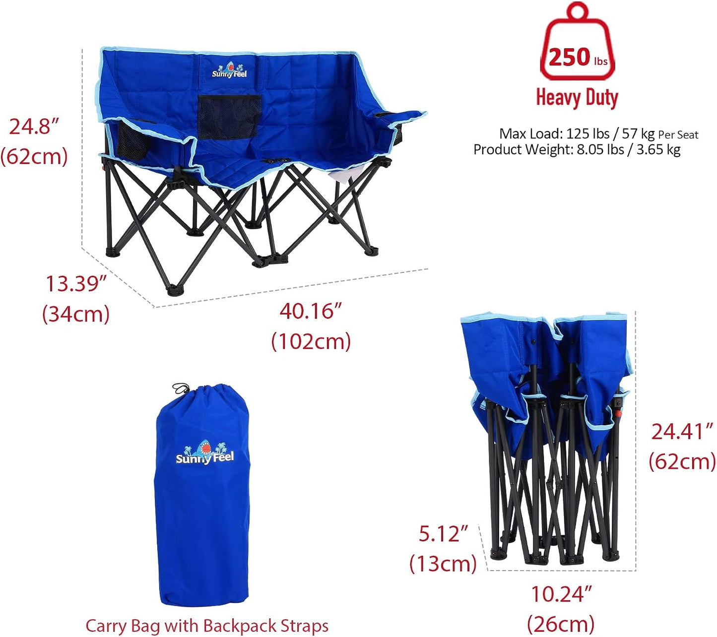 Silla camping doble plegable 2 asientos azul con portavasos