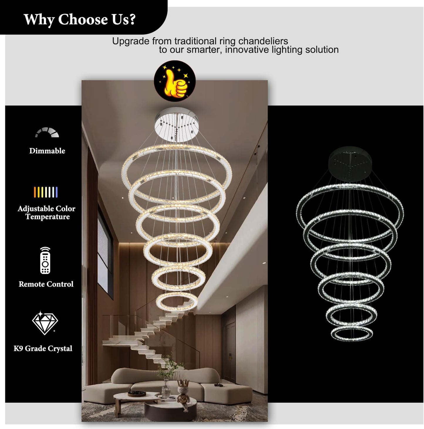Candelabro Led Moderno de 6 Anillos Control Remoto