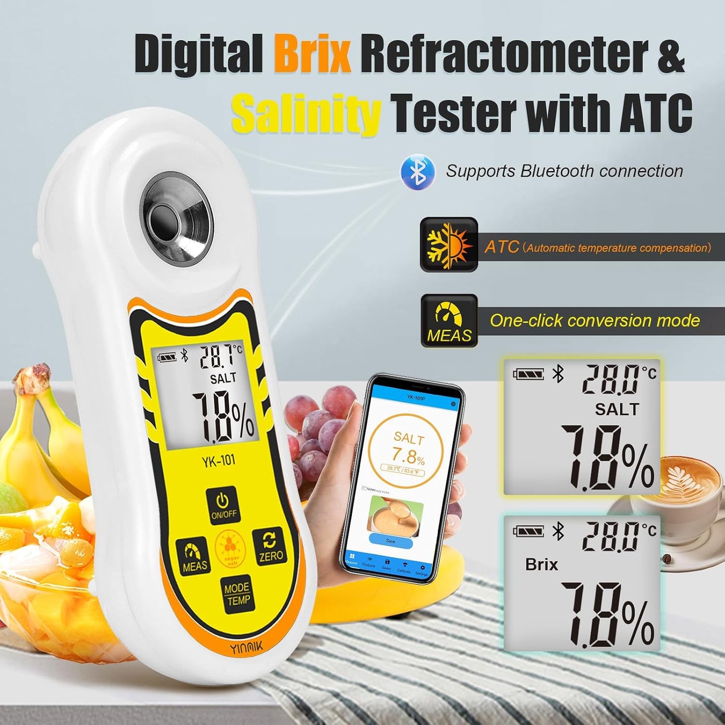 Refractómetro Brix y salinidad 0-60% para alimentos y