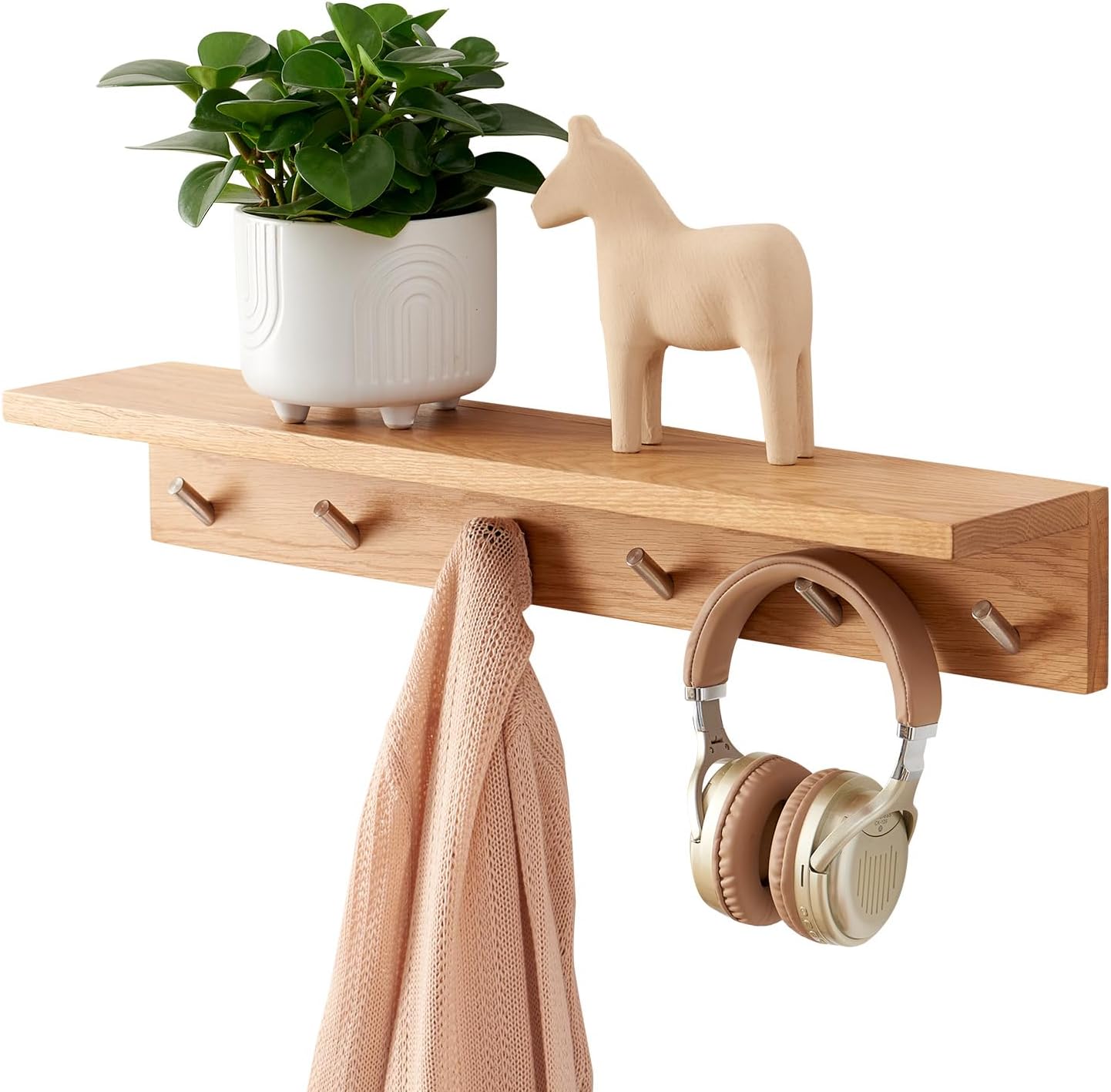 Perchero pared madera roble 6 ganchos estante flotante 27.5"