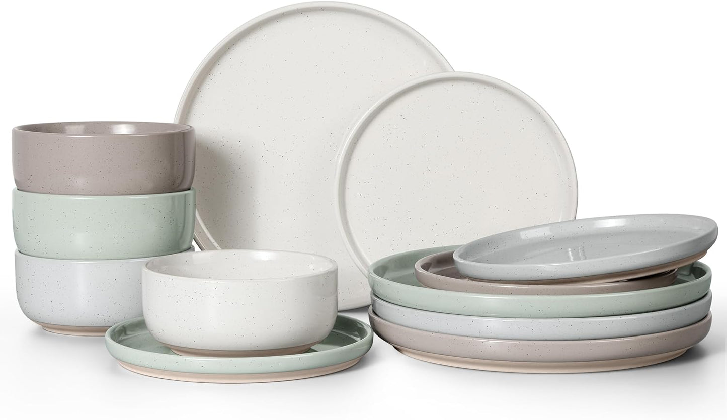 Set 12 Pzas Platos y Cuencos Gres Multicolor