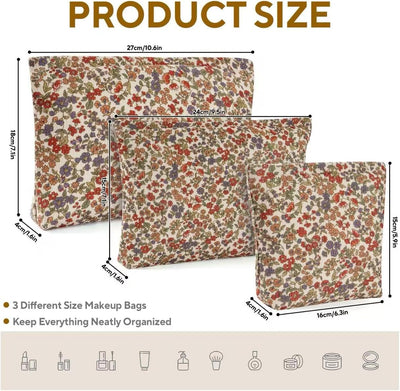 3 Pzas Bolsas Maquillaje Floral Gran Capacidad y Mini Portátil