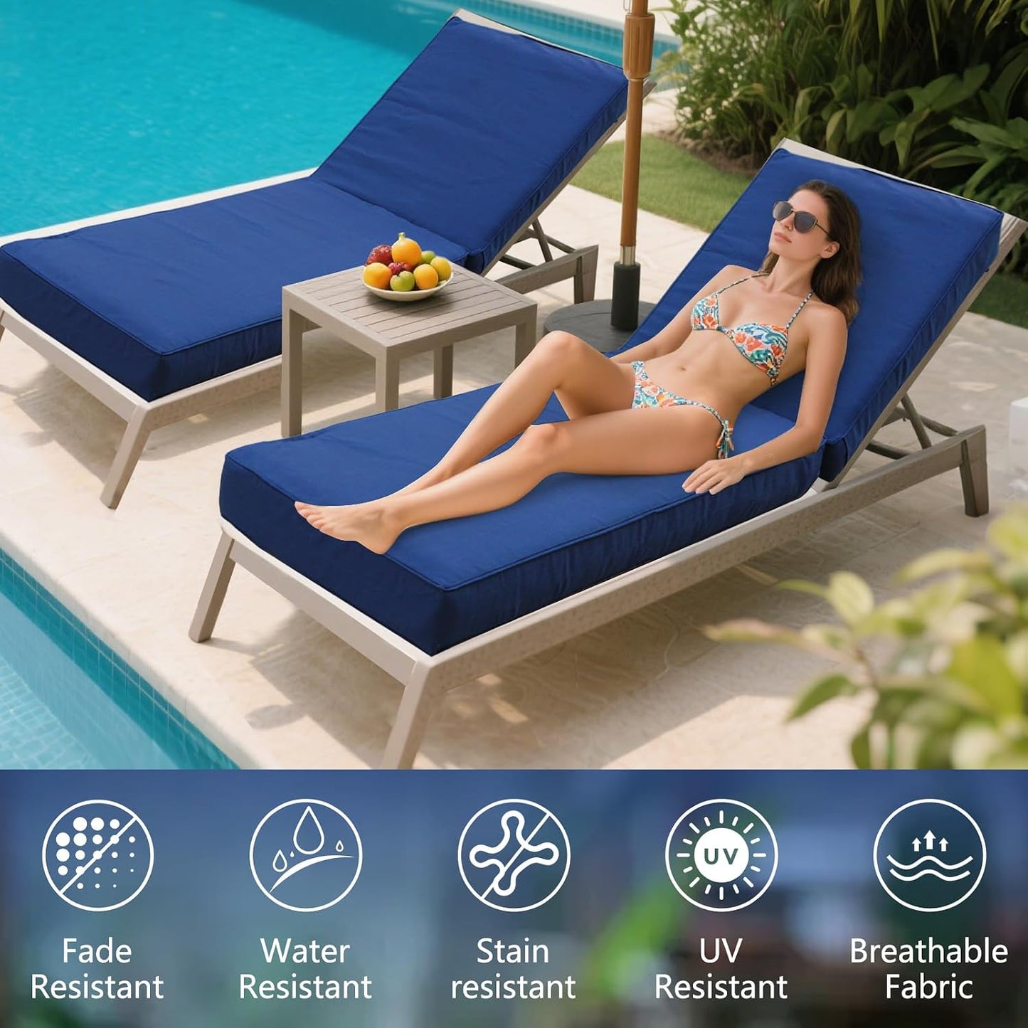 Cojín tumbona exterior 80x26pulg impermeable azul