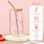 Taza cristal lazo rosa con tapa y pajita diseño femenino