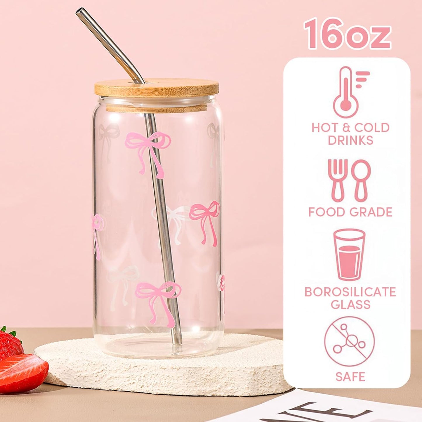 Taza cristal lazo rosa con tapa y pajita diseño femenino