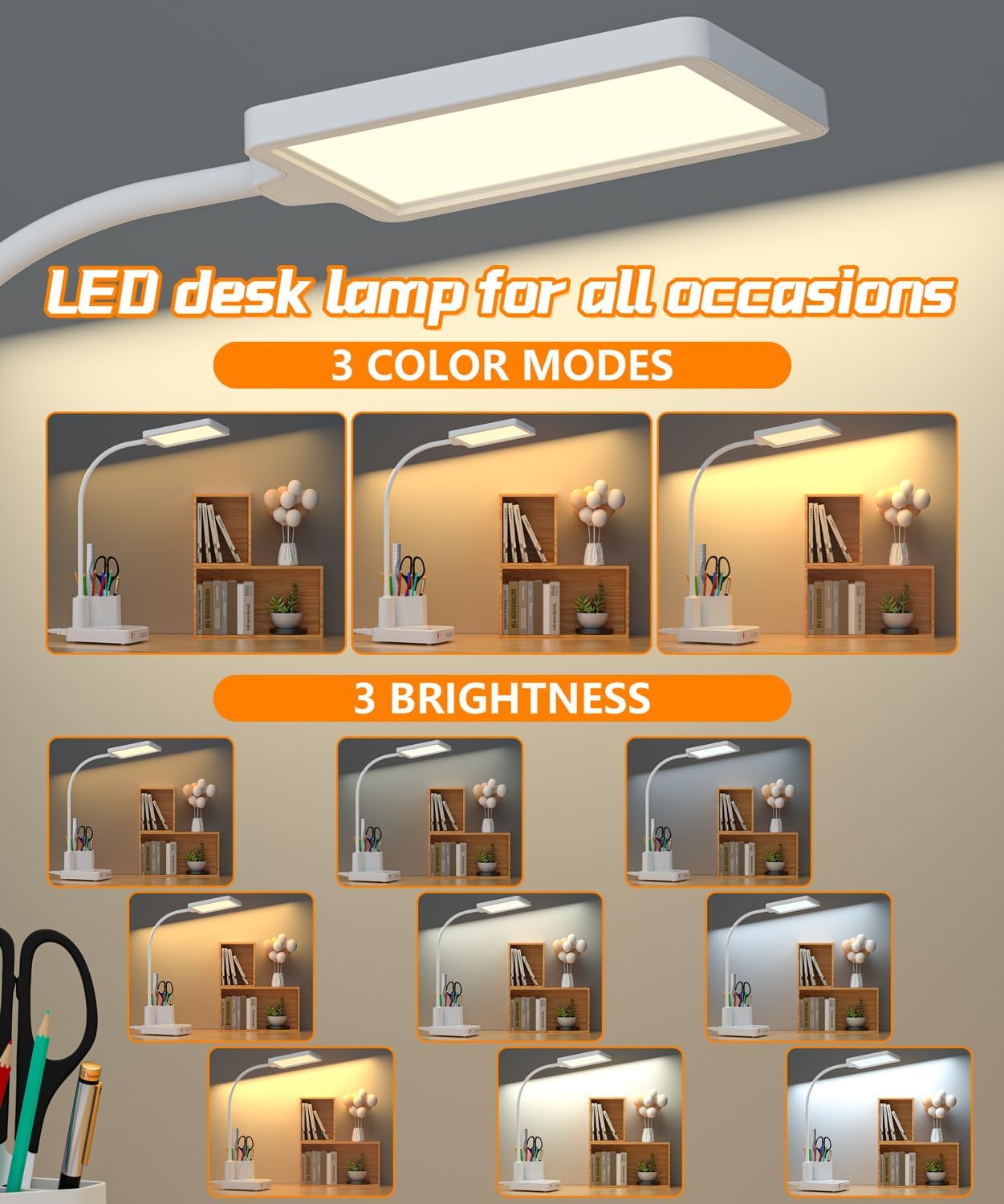 Lámpara escritorio LED USB organiz. oficina dormitorio