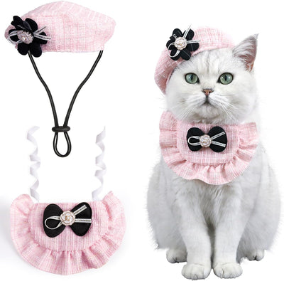 2 Pzas Sombrero Beret Gato con Camelia Bufanda Arco