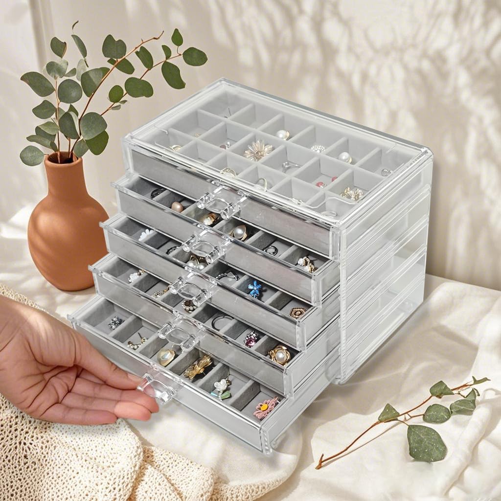 Organiz. aretes acrílico 5 cajones terciopelo gris