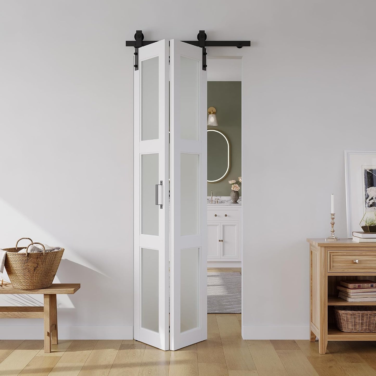 Puerta granero bifold 28x84pulg vidrio esmerilado con
