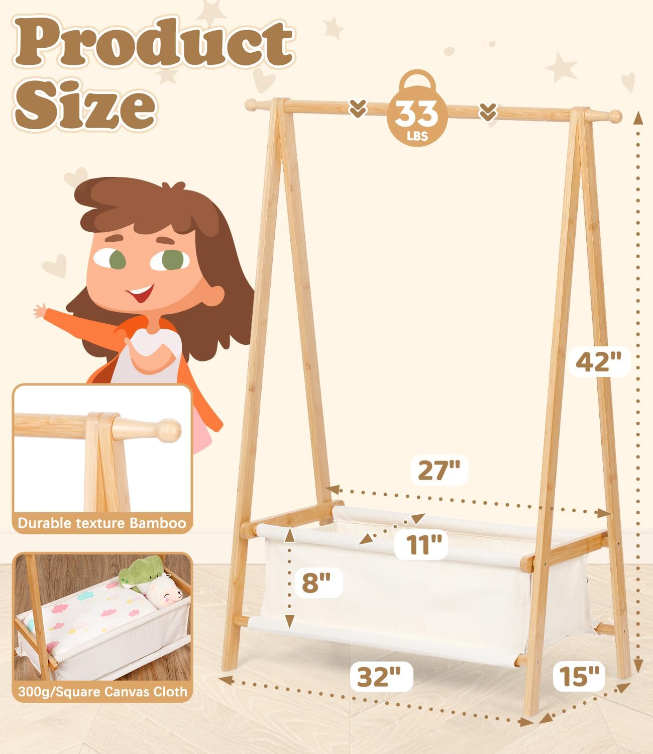 Perchero bambú para niños ropa pequeña color natural
