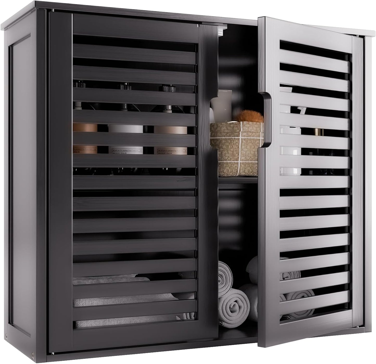 Gabinete baño negro colgante bambú puertas dobles