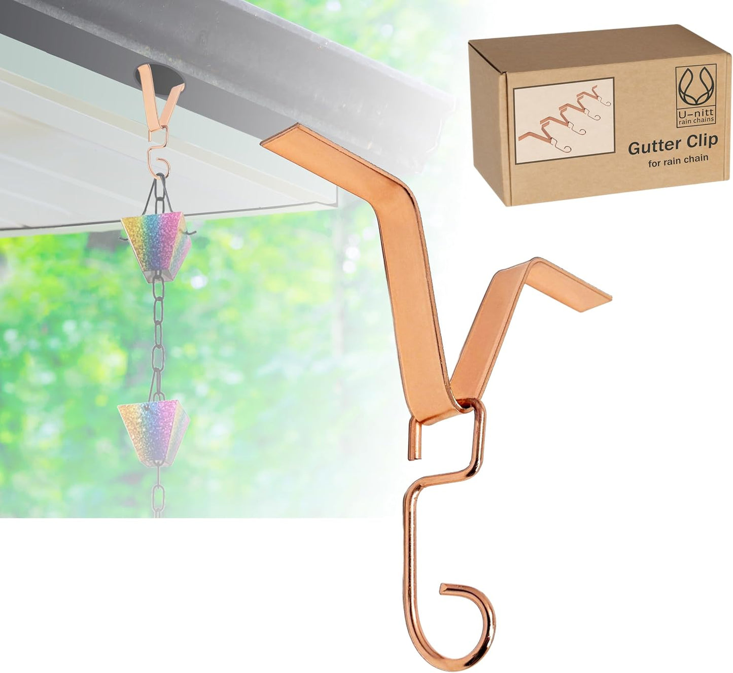 Clip canalón para cadena lluvia DIY chapado cobre 6x5" 4uds
