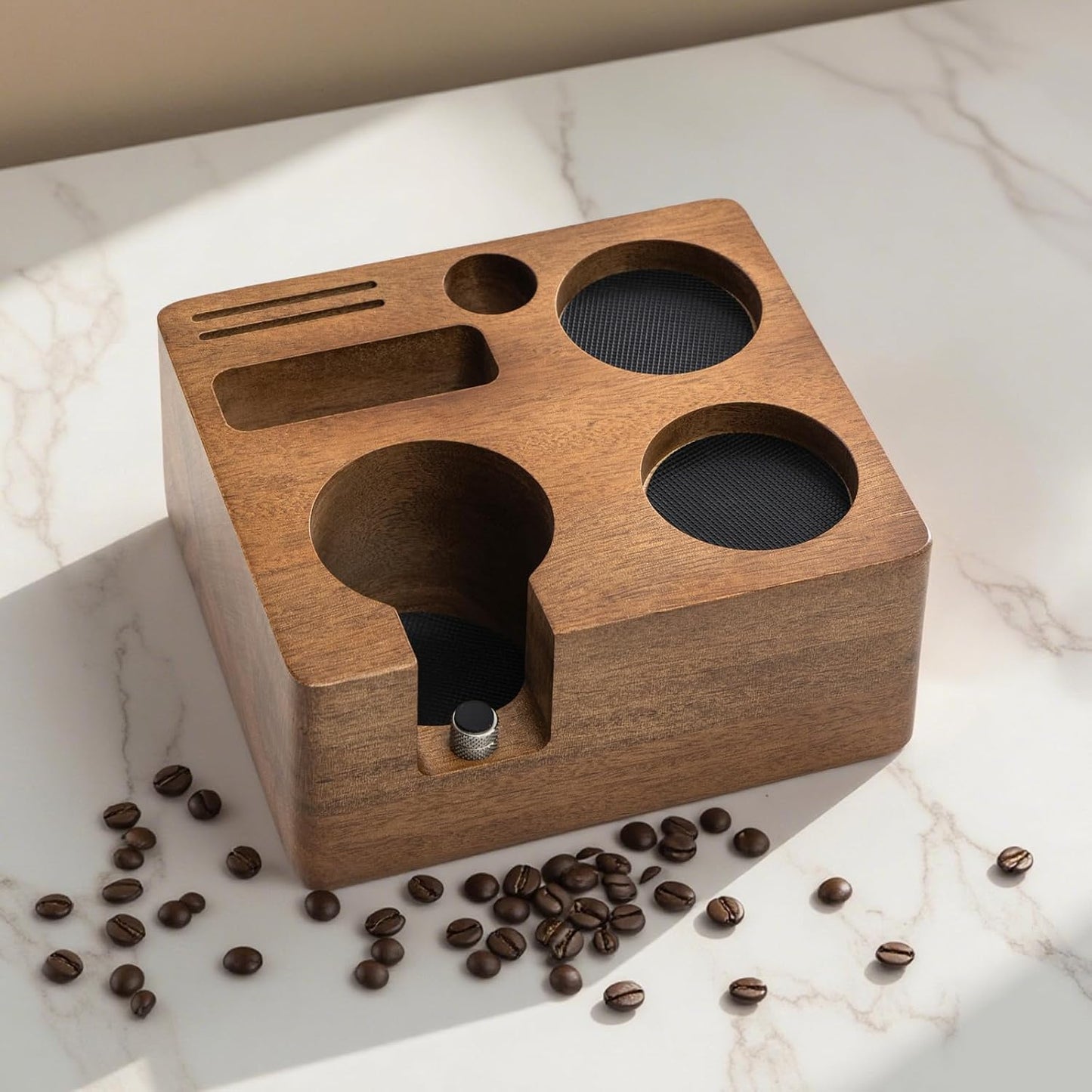 Estación calibración espresso madera nogal con soporte