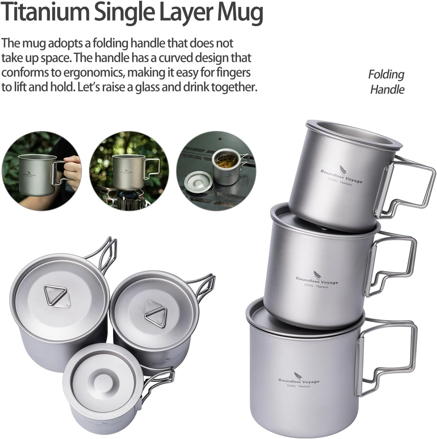 Set tazas titanio tapa mango plegable campamento ligera