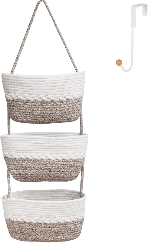 Cesta colgante 3 niveles cuerda algodón tejida para cocina