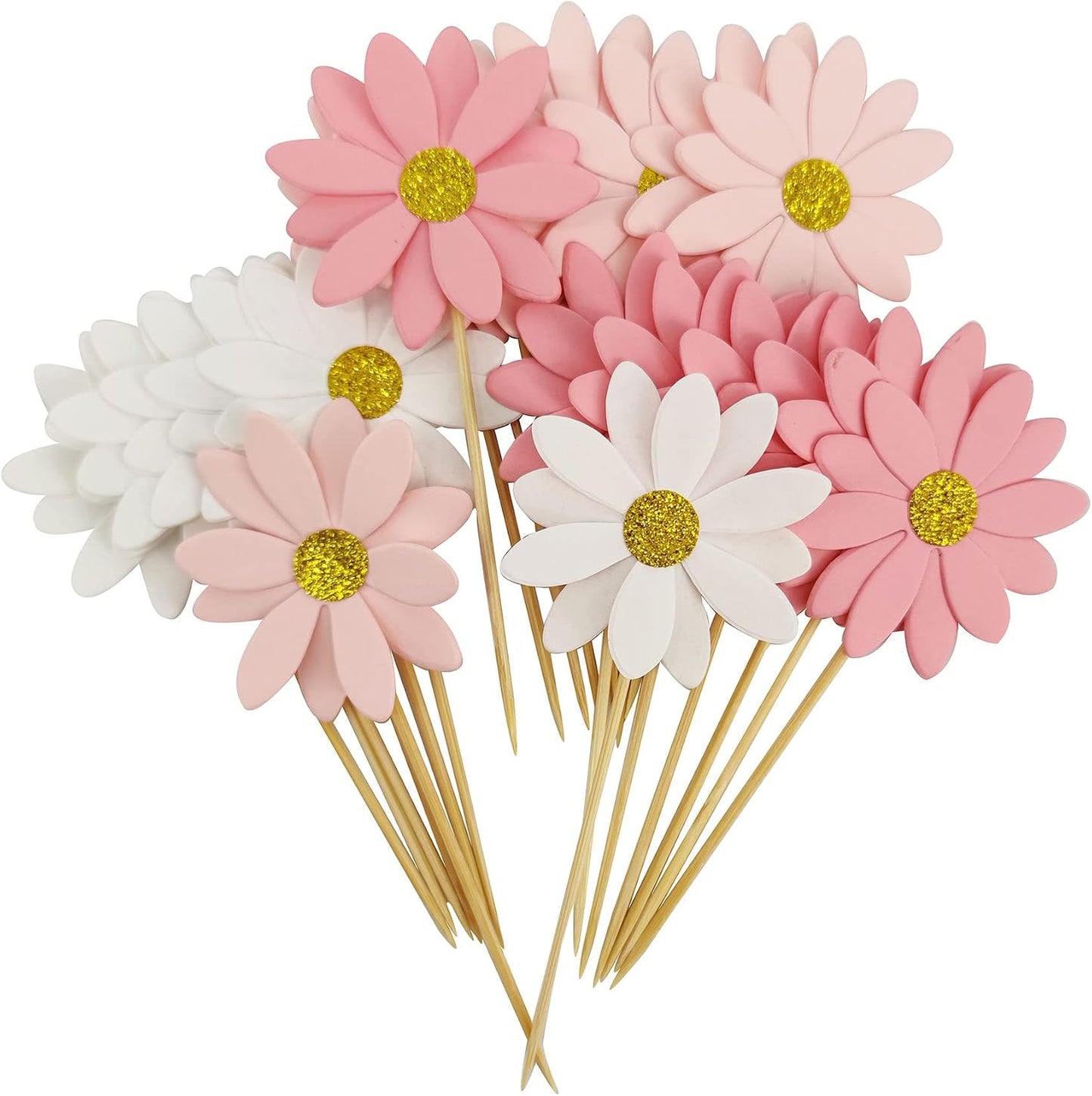Palillos dientes margaritas rosa y blanca fiesta 21 pzas