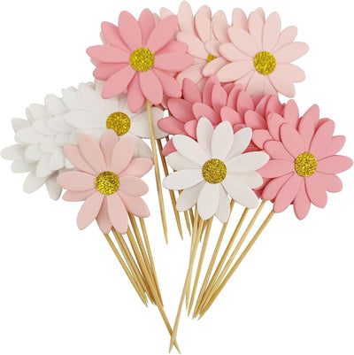 Palillos dientes margaritas rosa y blanca fiesta 21 pzas
