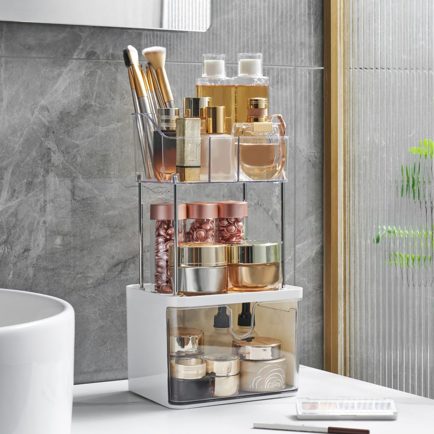 Organiz. maquillaje 2 niveles con cajón para baño
