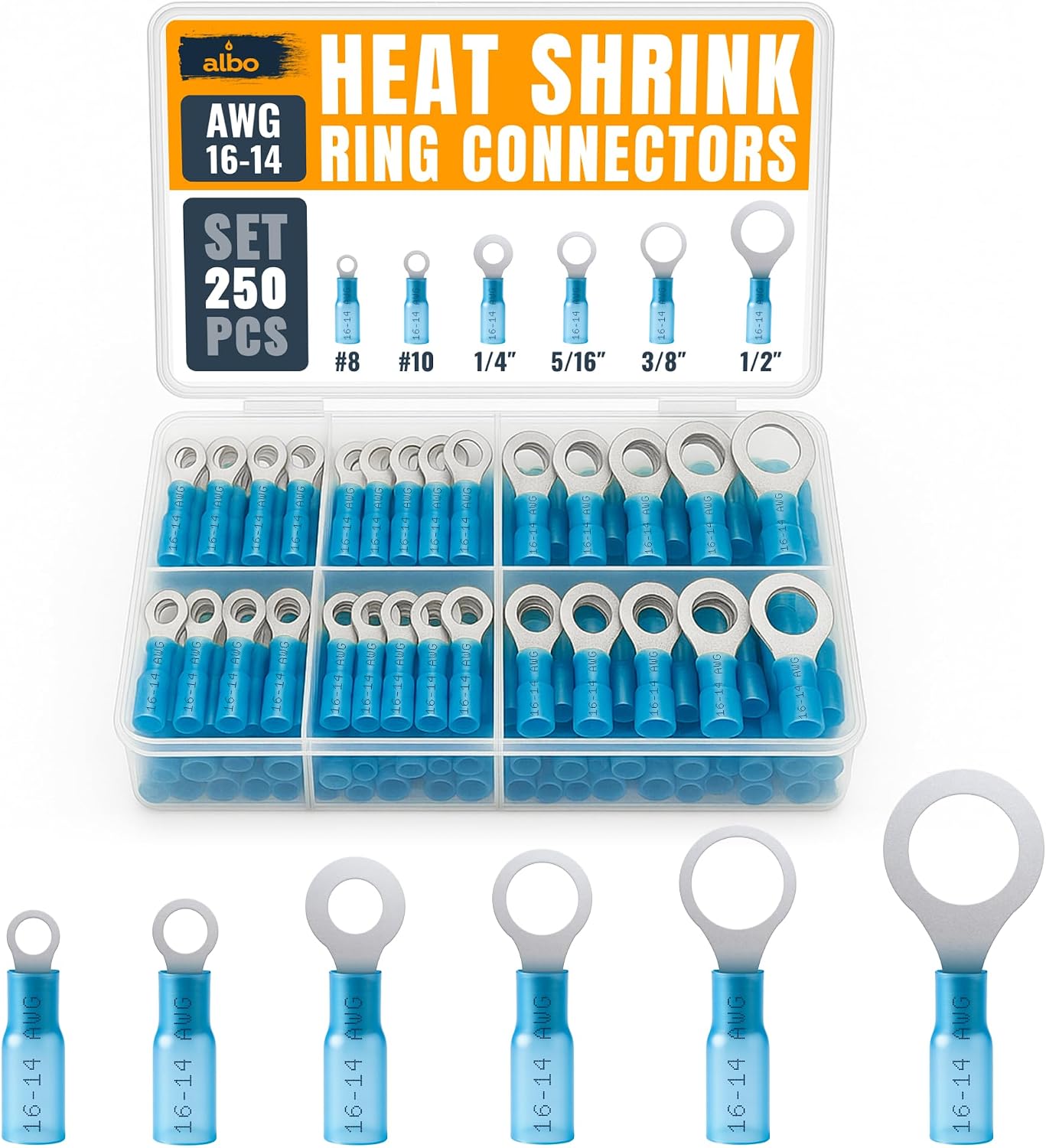 Kit 250 pzas conectores anillo termorretráctil azul 16-14 AWG