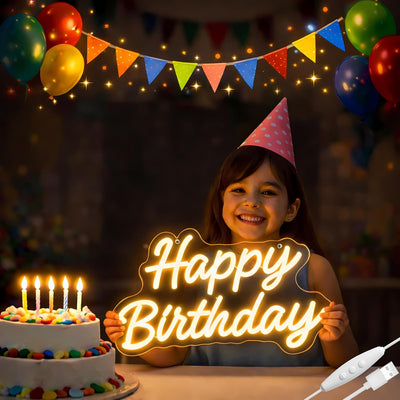 Letrero LED neón feliz cumpleaños USB blanco cálido