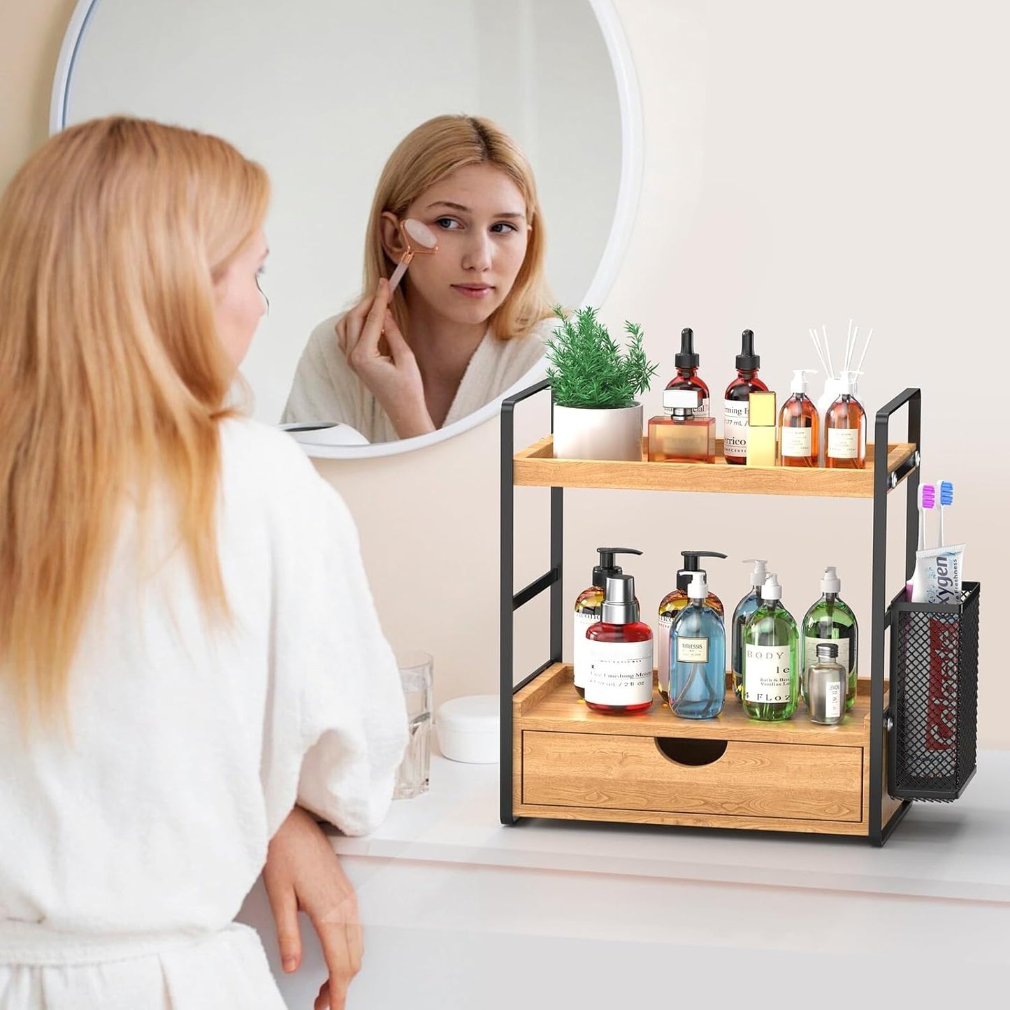 Organiz. encimera baño madera con cajón y cesta