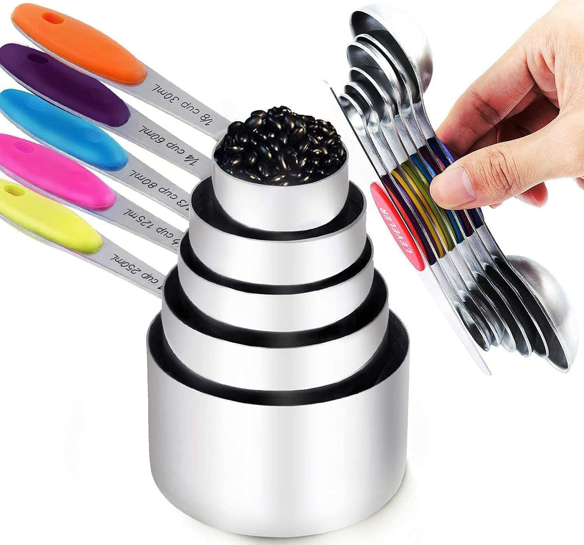 Juego tazas y cucharas medidoras acero inox 6 pzas