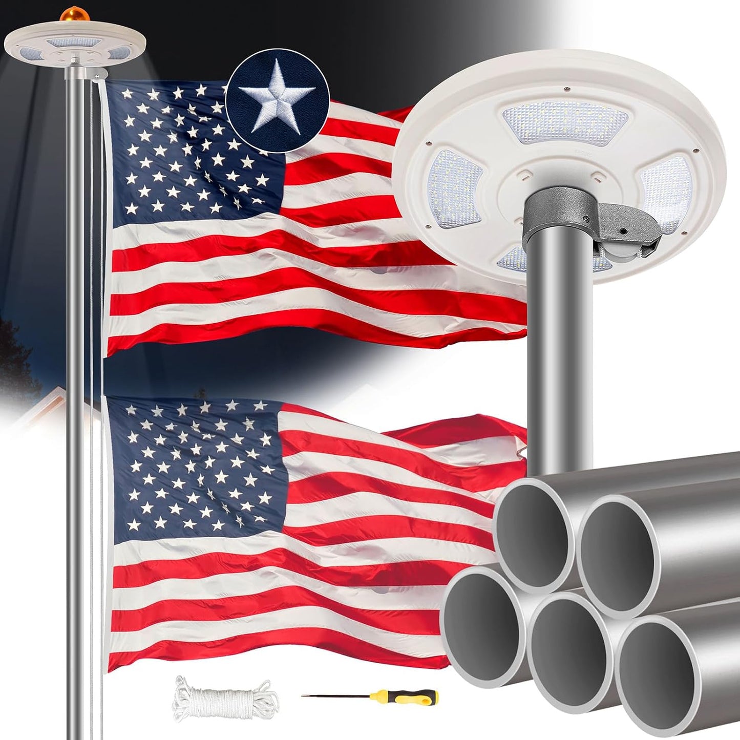 Kit asta bandera plateada 25ft con bandera 3x5ft y luz solar