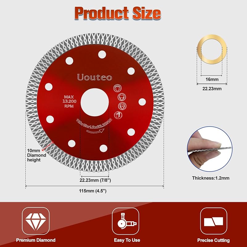 Hoja sierra diamante 4.5" para amoladora 15uds rojo