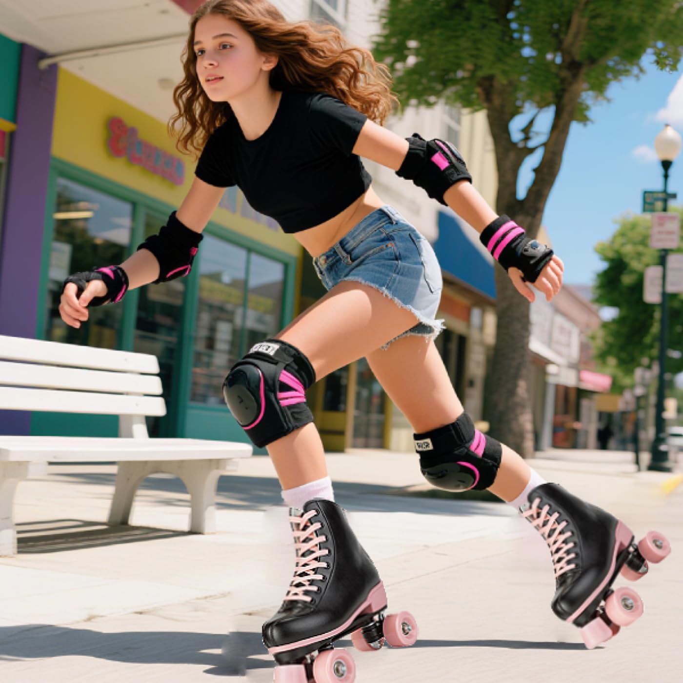 Patines niñas con luces doble fila negro rosa