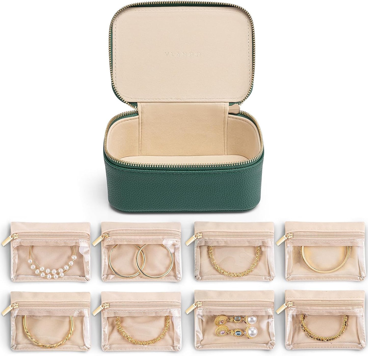 Caja joyería 8 bolsas terciopelo organiz. viaje