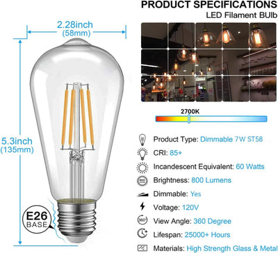 Bombillas LED E26 7W 2700K blanco cálido vintage 800lm paquete 8