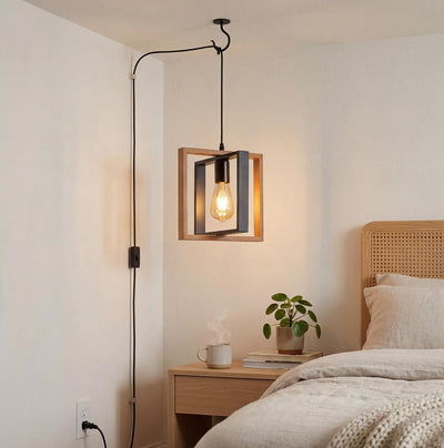 Lámpara colgante enchufable 16.4ft de madera y metal