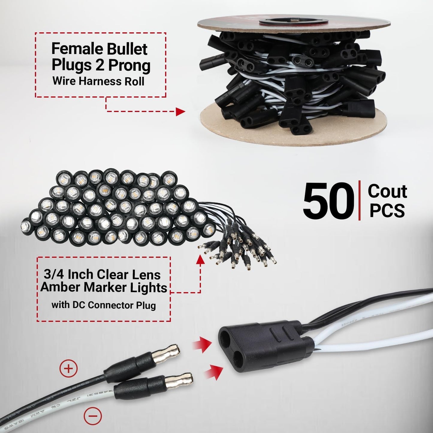 50 Luces Ámbar 3/4" Conector 2 Pines Plug and Play