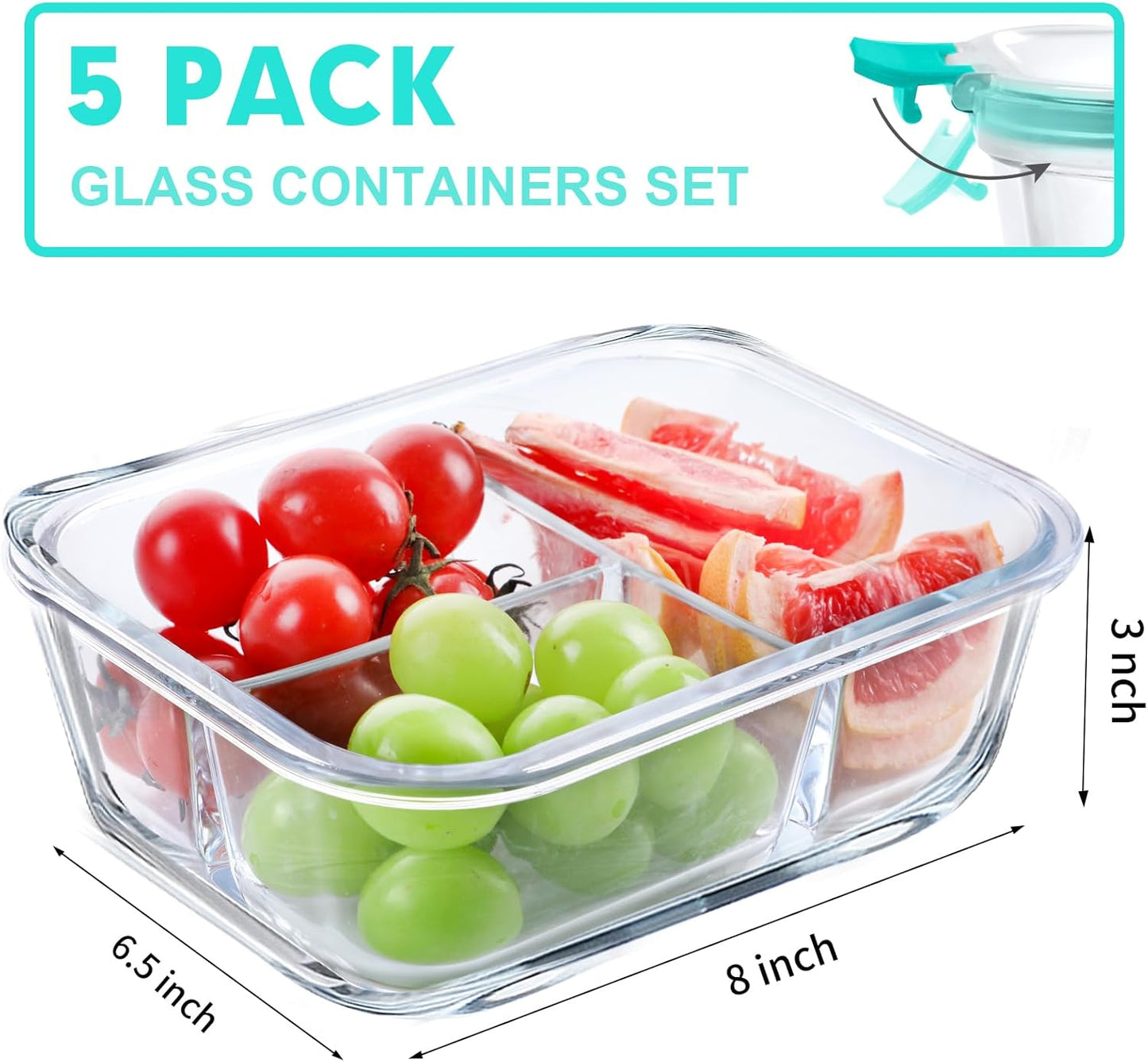 5 Pzas Recipientes Vidrio 36oz Almuerzo Herméticos