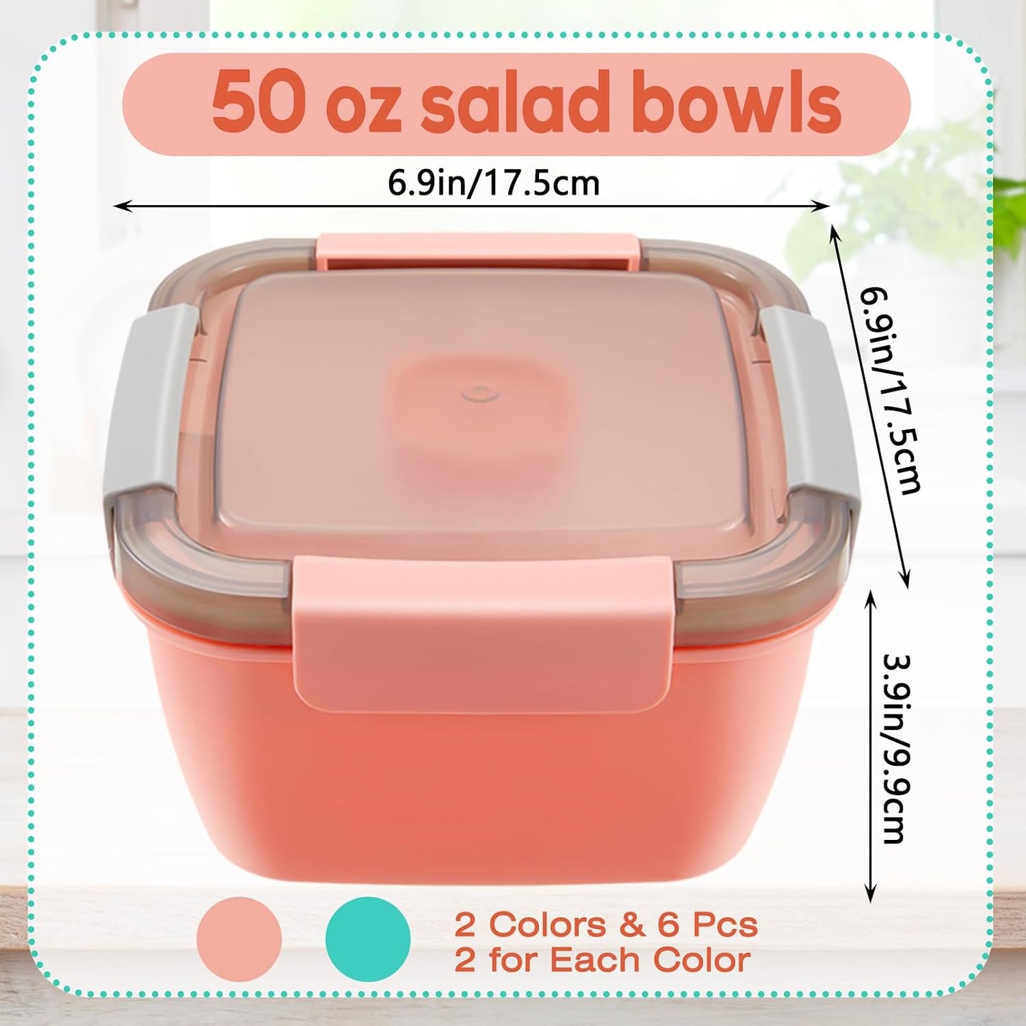 6 Pzas Contenedor Ensalada 1.5L Reutiliz. Apilable