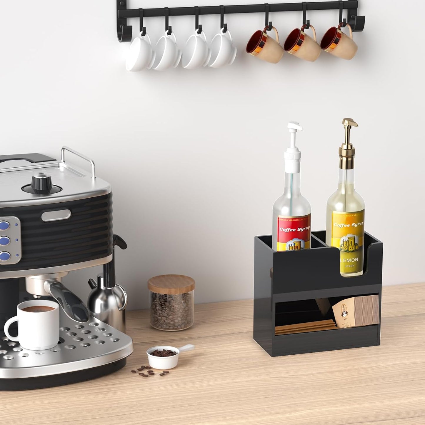 Organiz. tazas café y condimentos 2 niveles acrílico negro