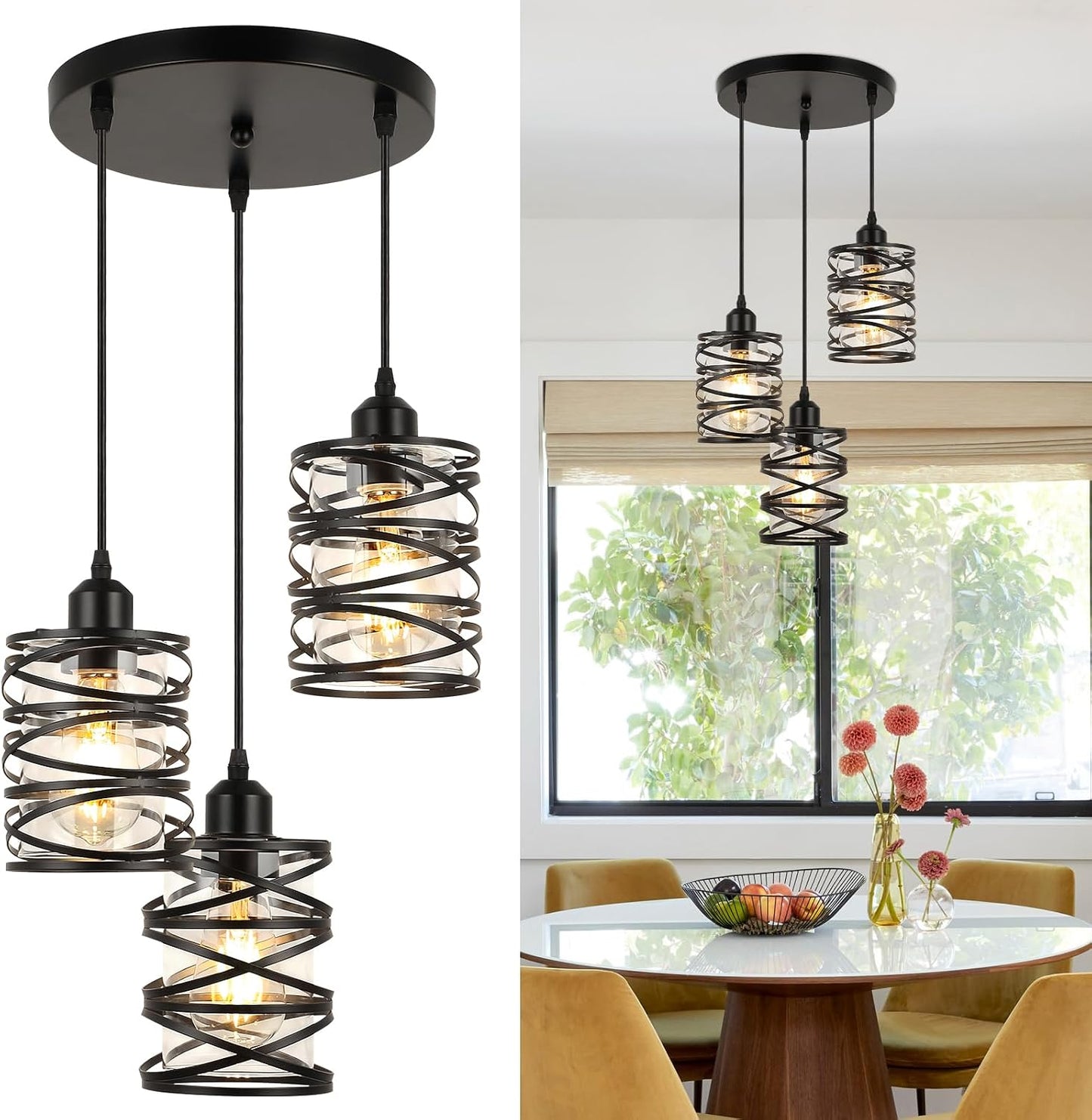 Luces colgantes isla cocina hierro negro ajustable vidrio