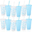 12 Vasos Plástico Lazo Azul 24oz Tapa Pajita Reutilizables