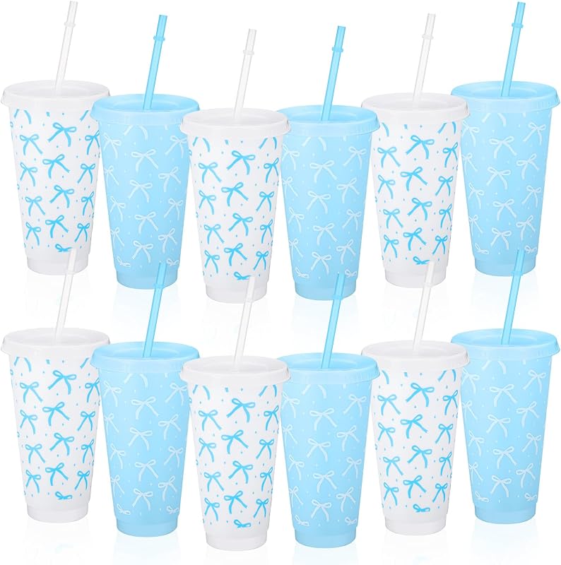12 Vasos Plástico Lazo Azul 24oz Tapa Pajita Reutilizables