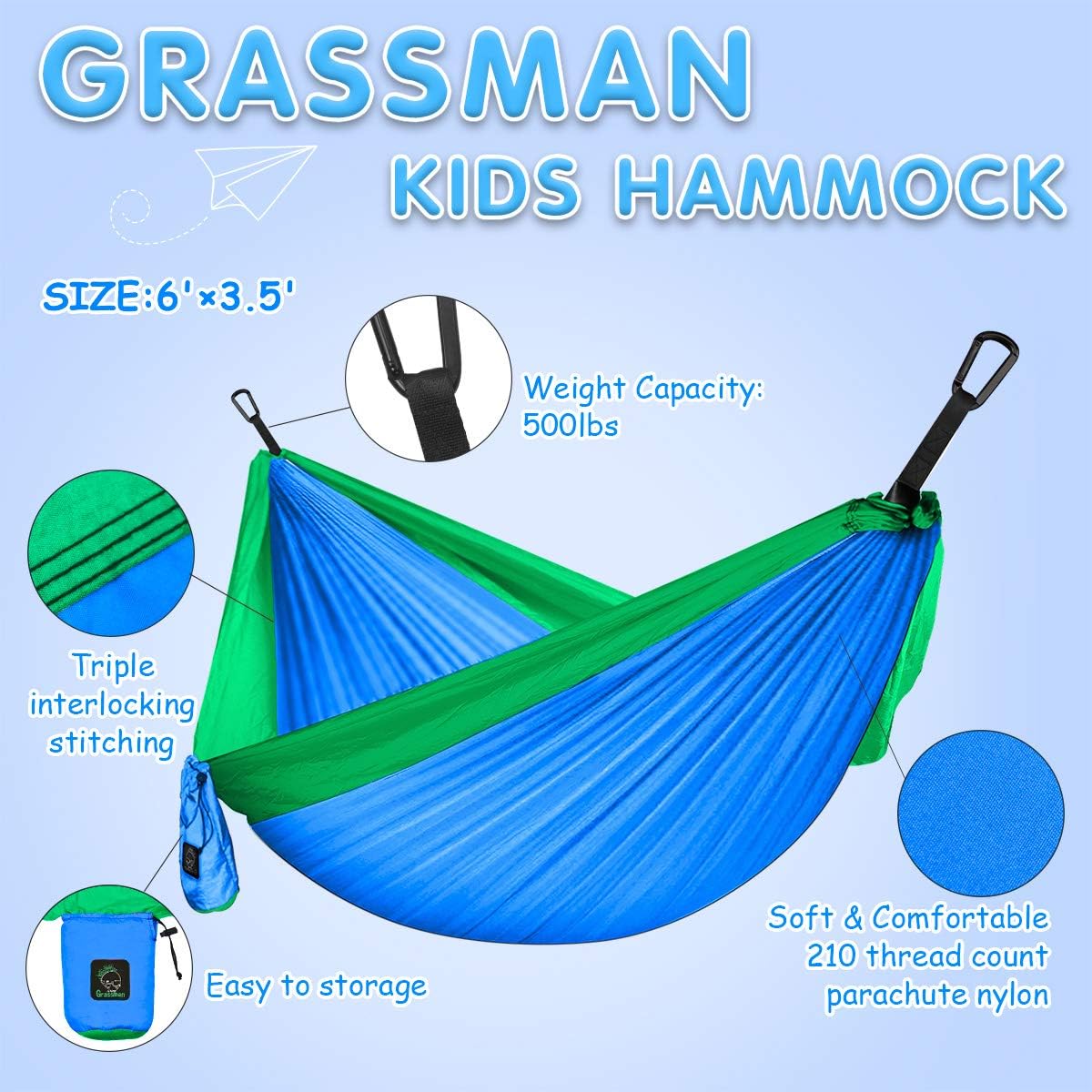 Hamaca para niños portátil con correas y mosquetones azul