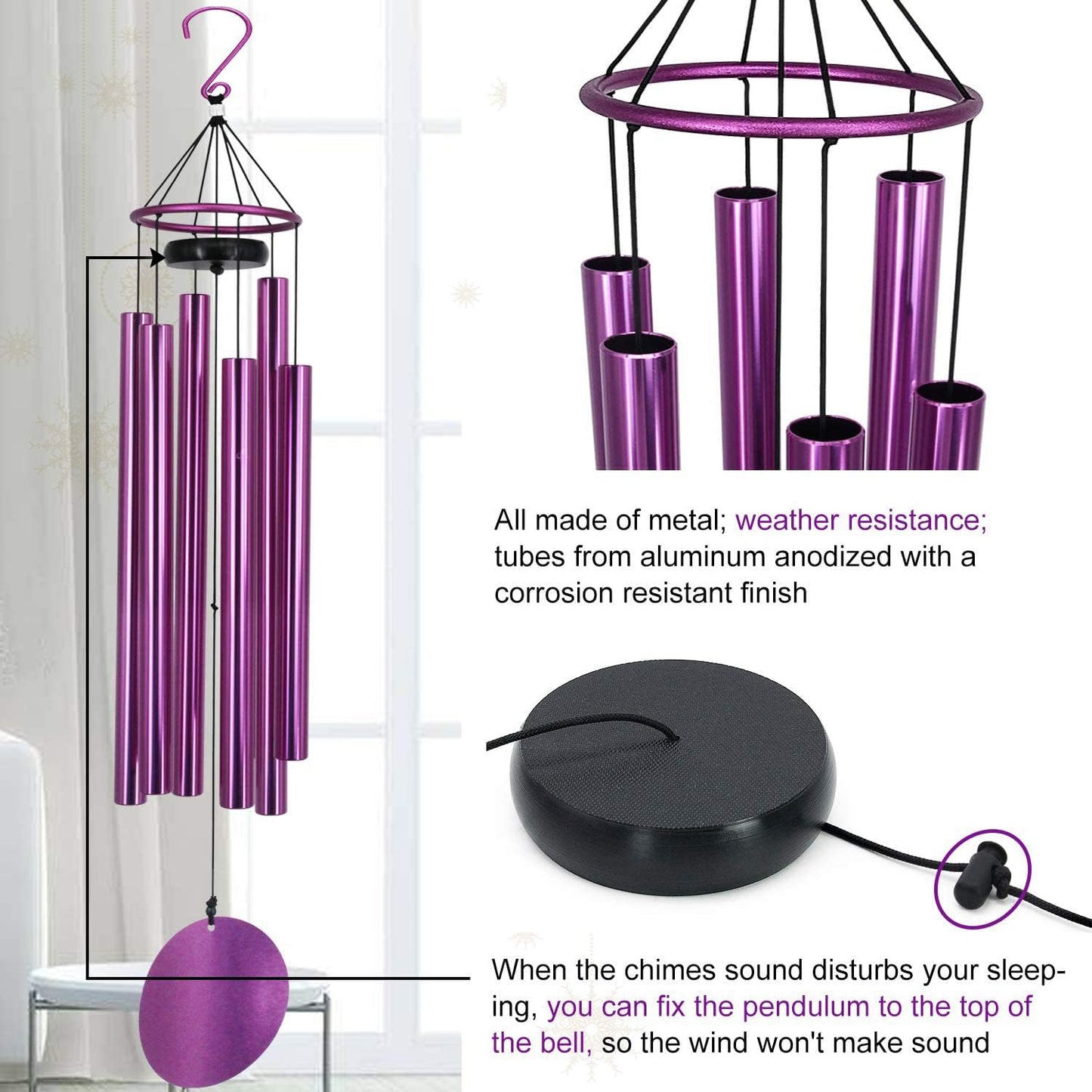 Campanillas viento tono profundo 36" decoración hogar morado
