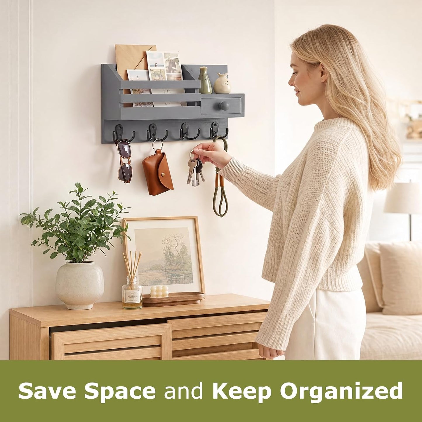 Soporte llaves pared organiz. 8 ganchos madera gris