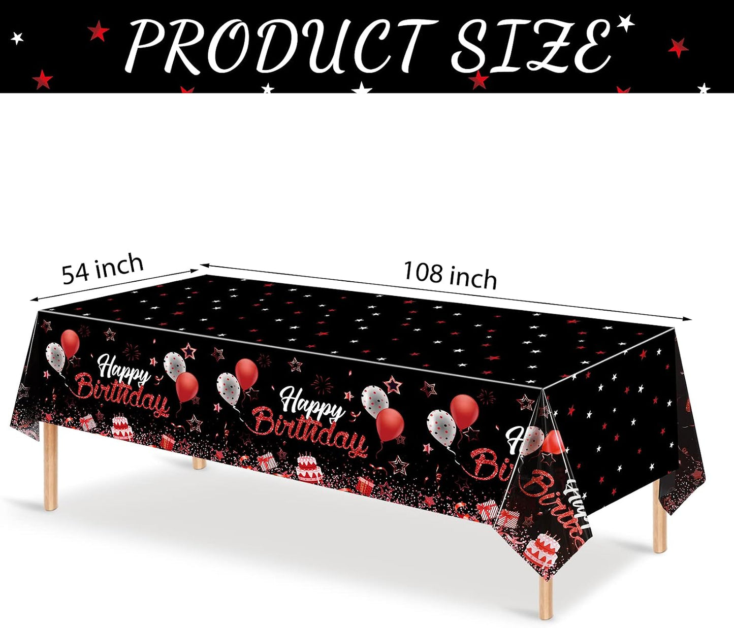 Manteles confeti feliz cumpleaños 54x108pulg rojo y negro