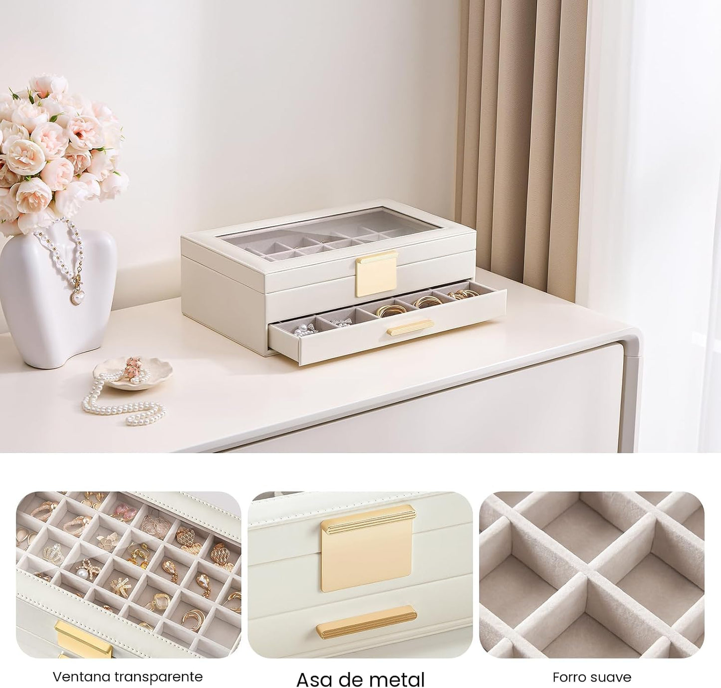 Caja organizadora pendientes joyería mujer 2 niveles blanco