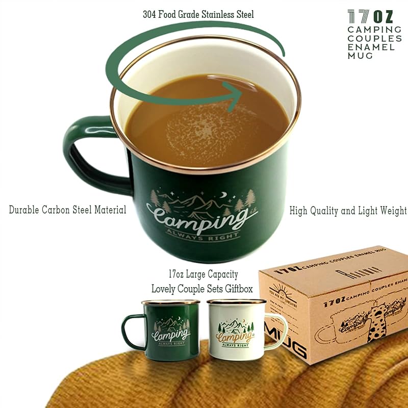 Set 2 Tazas Esmaltadas 17oz 304SS Borde Dorado para Viajes