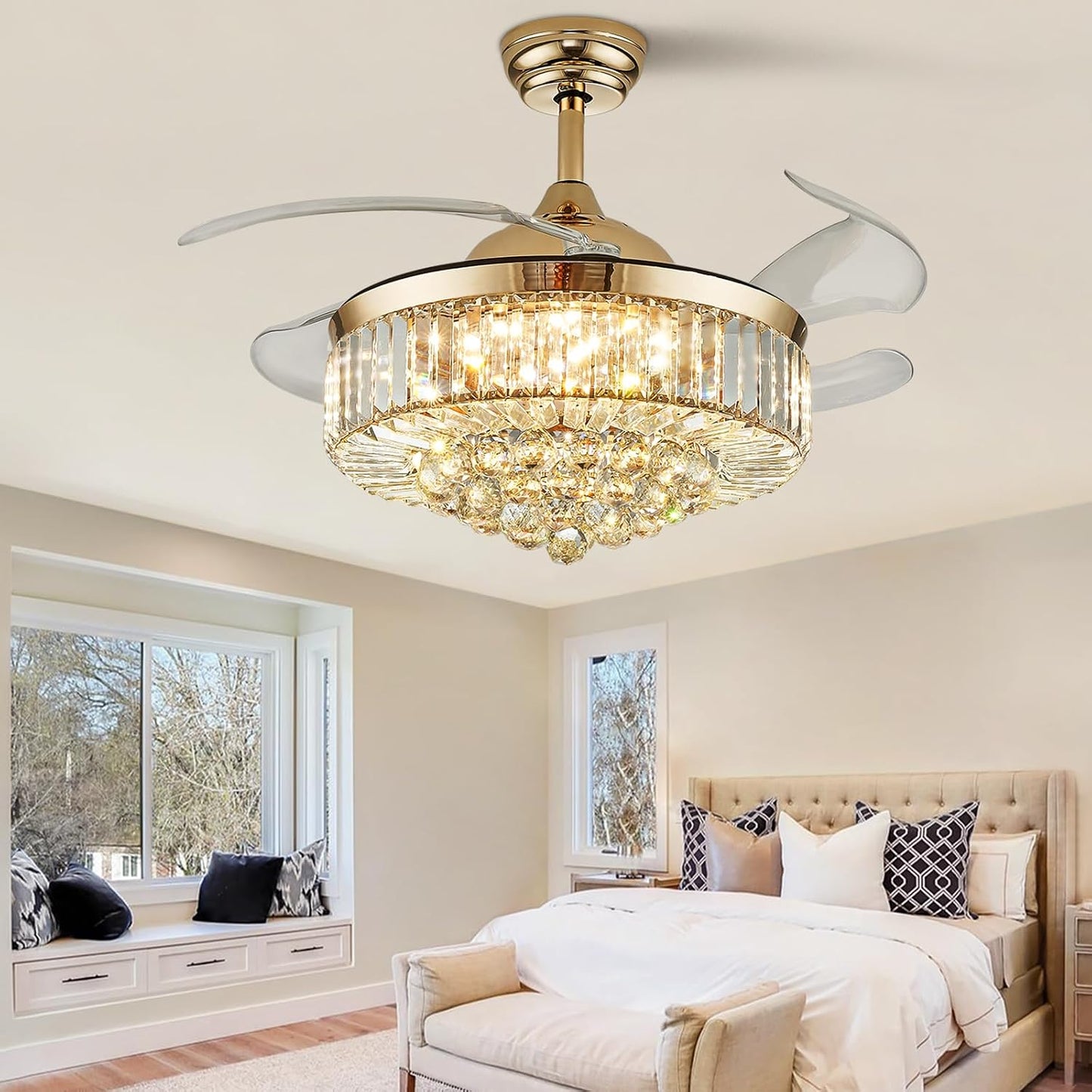 Ventilador techo cristal LED regulable control remoto dorado