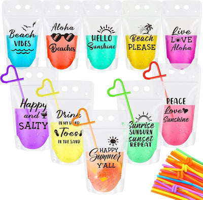 Set 60 bolsas bebidas verano con pajita translúcidas para fiestas